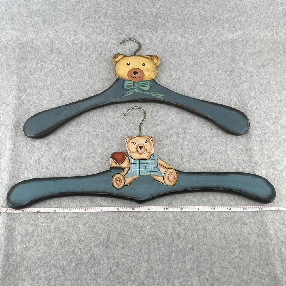 Teddy Bear Closet Hangers Wooden Hand Painted 90s Blue Set Of 2 Nursery Decor‎